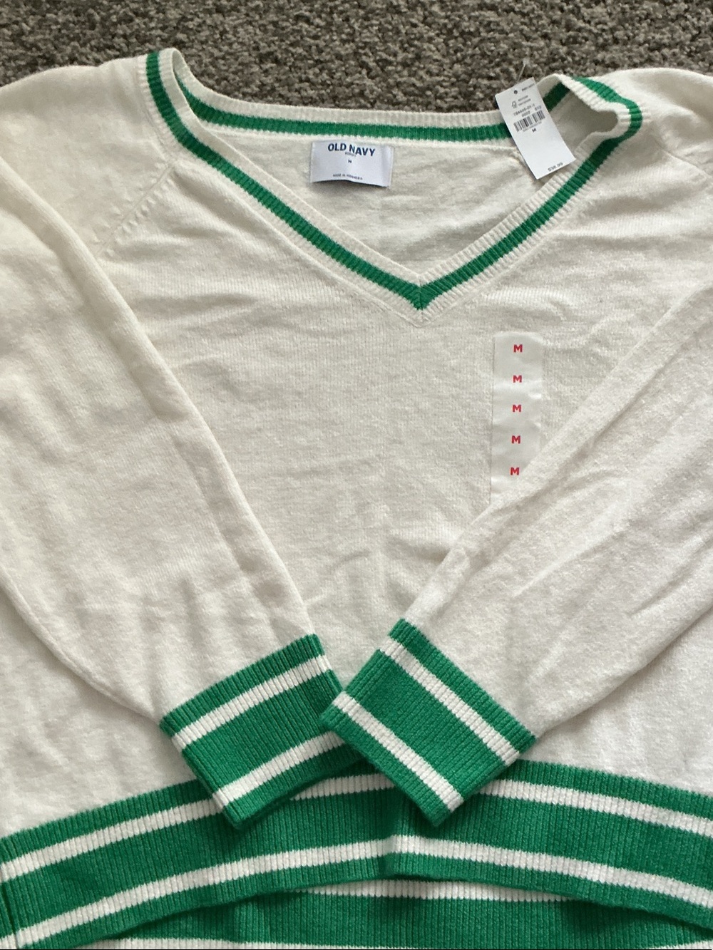 Old Navy Cream V-Neck Sweater with Green Stripe Trim
